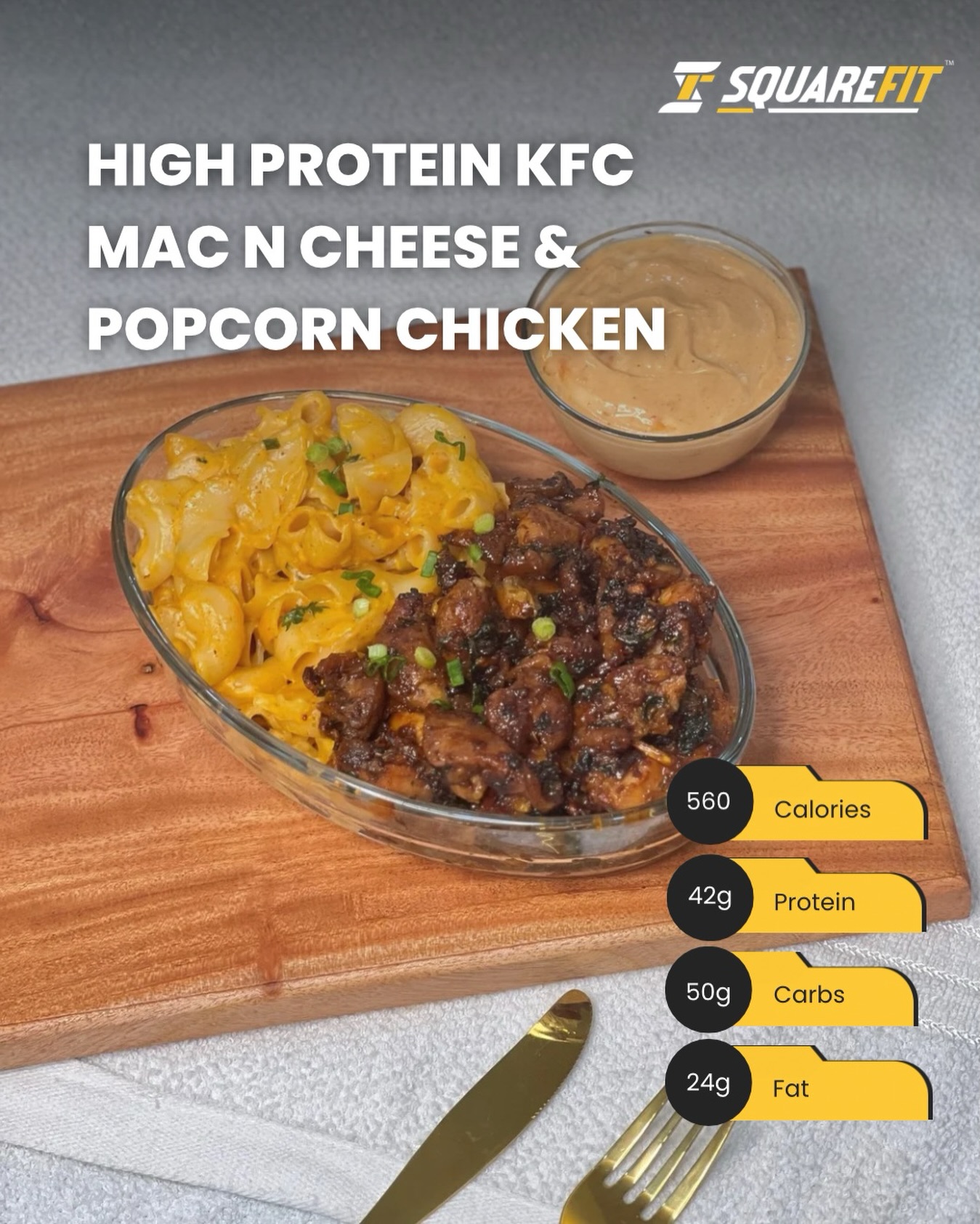 High protein KFC-style mac n cheese with popcorn chicken